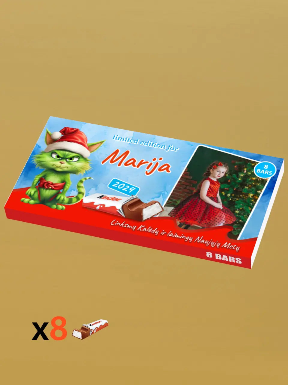 Personalizuota Kinder 8 batonėlių šokoladinė dėžutė su jūsų nuotrauka, Kalėdinė versija su katinu Grinchu