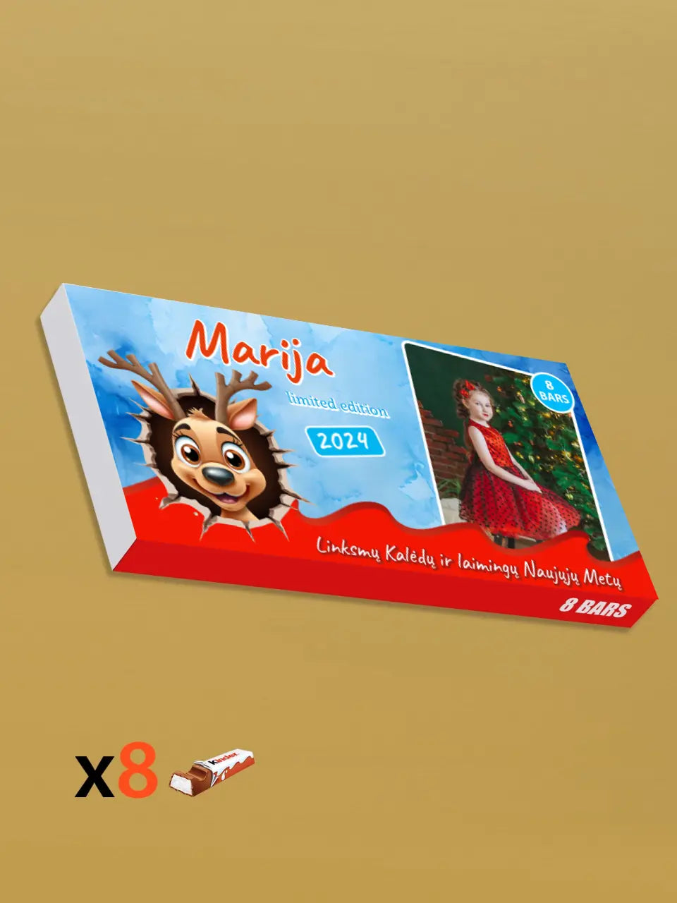 Personalizuota Kinder 8 batonėlių šokoladinė dėžutė su jūsų nuotrauka, Kalėdinė versija su animaciniais herojais