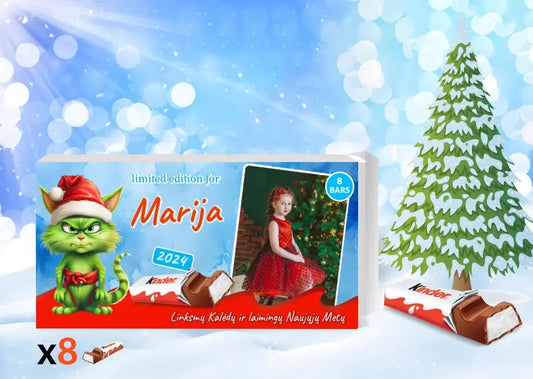 Personalizuota Kinder 8 batonėlių šokoladinė dėžutė su jūsų nuotrauka, Kalėdinė versija su katinu Grinchu TeeInBlue