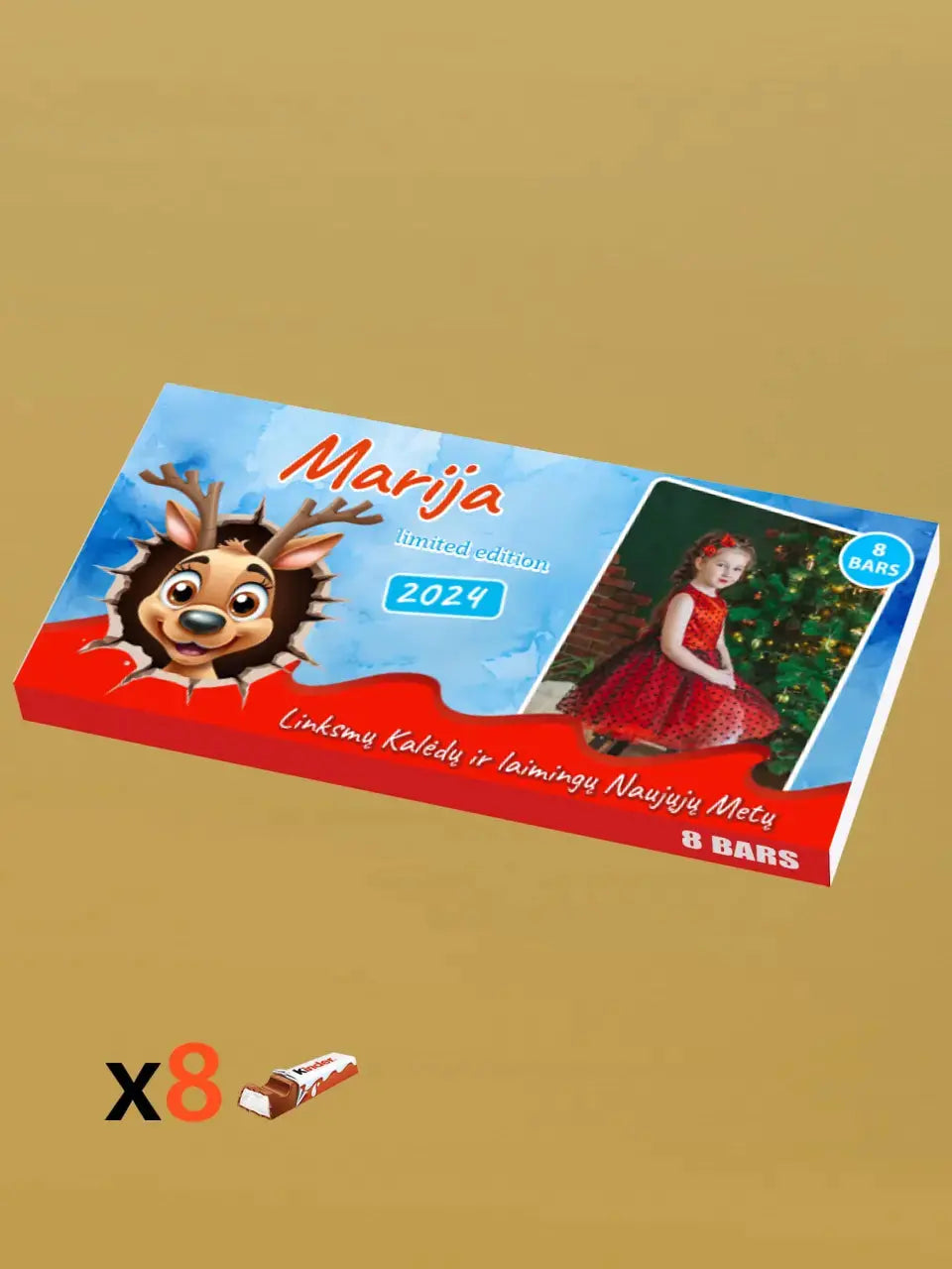 Personalizuota Kinder 8 batonėlių šokoladinė dėžutė su jūsų nuotrauka, Kalėdinė versija su animaciniais herojais TeeInBlue