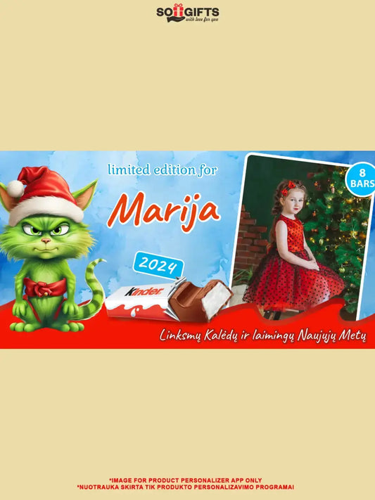 Personalizuota Kinder 8 batonėlių šokoladinė dėžutė su jūsų nuotrauka, Kalėdinė versija su katinu Grinchu TeeInBlue