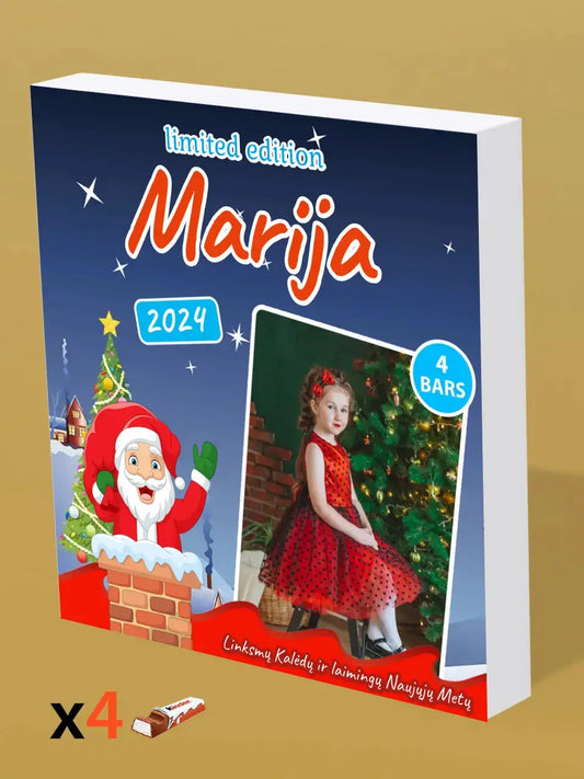 Personalizuota Kinder 4 batonėlių šokoladinė dėžutė su jūsų nuotrauka, Kalėdinis variantas su Kalėdų senelio pasirinkimu TeeInBlue