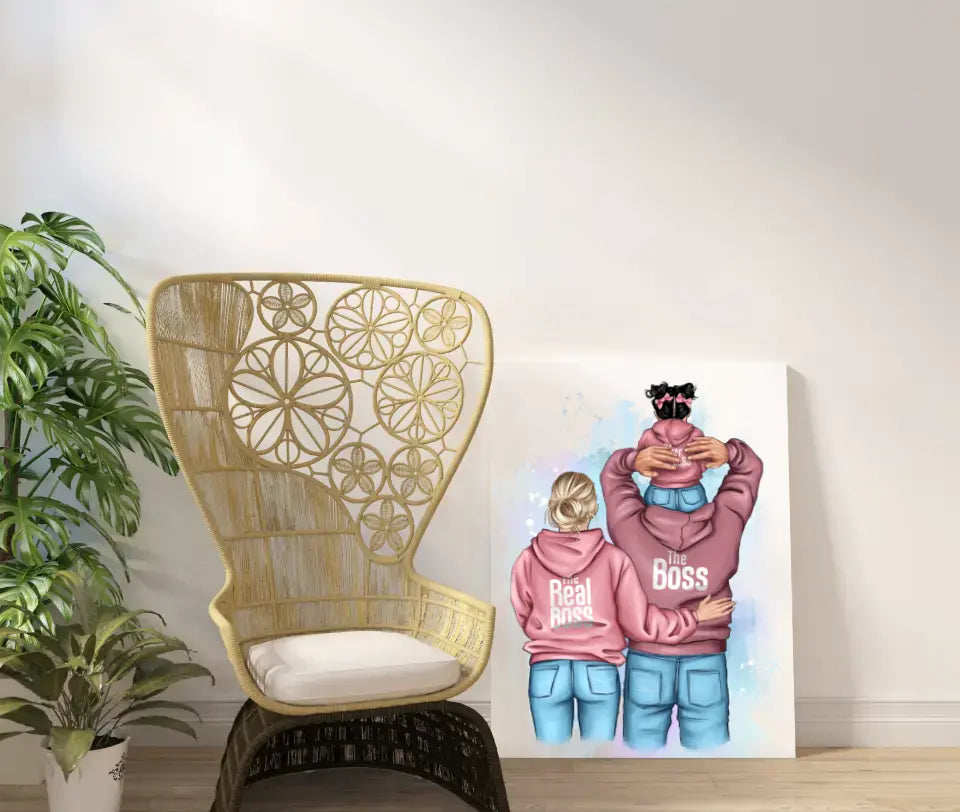 Personalizuotas „Tikra boso šeima“ iliustracija su vaiku ant drobės