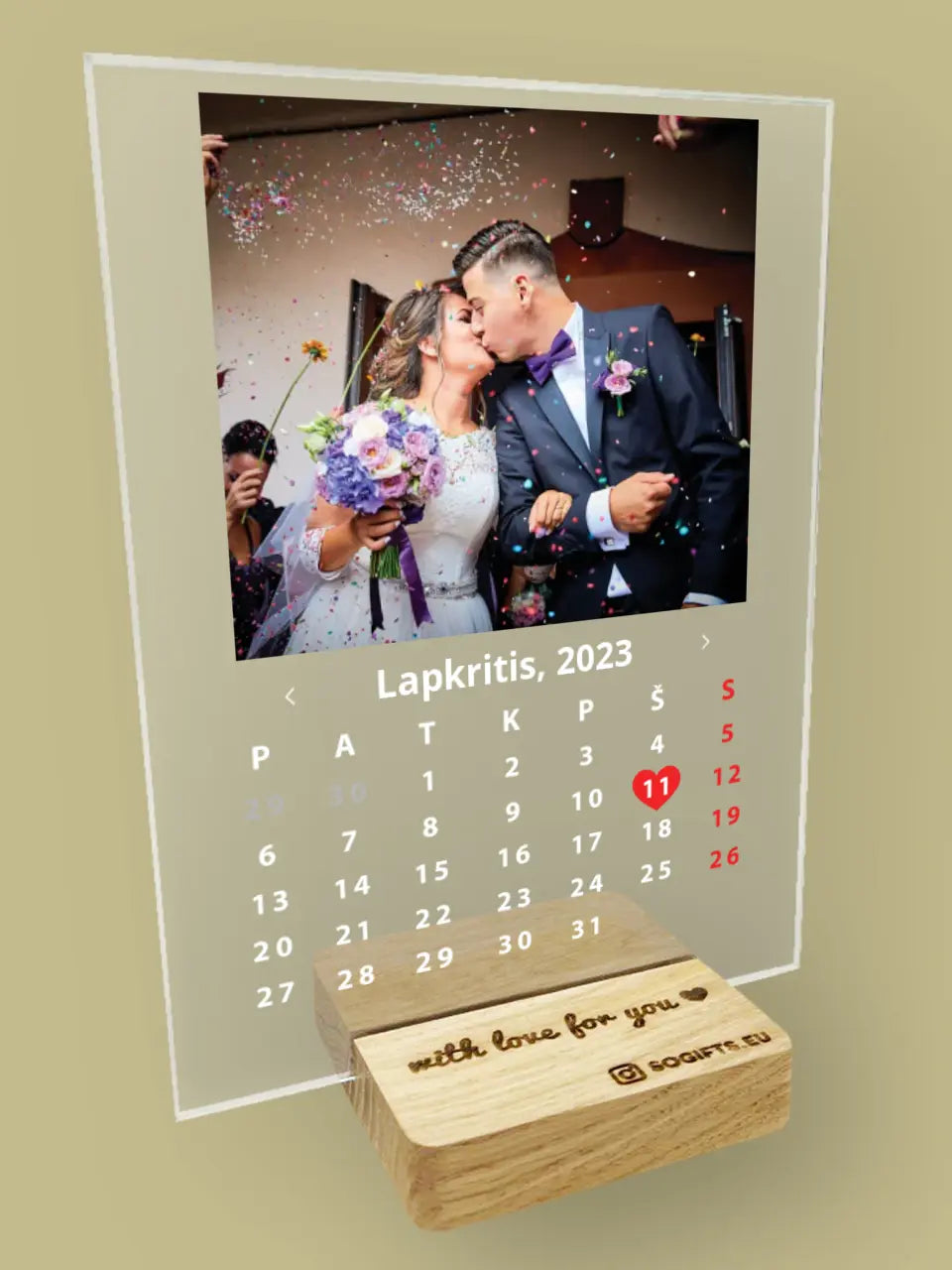 Personalizuotas "Meilės kalendorius" stiklinis posteris su jūsų nuotrauka