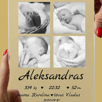 Personalizuota Vaiko (Kūdikio) Gimimo Metrikų Iliustracija su jūsų nuotraukomis, stiklinis posteris TeeInBlue