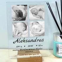 Personalizuota Vaiko (Kūdikio) Gimimo Metrikų Iliustracija su jūsų nuotraukomis, stiklinis posteris TeeInBlue