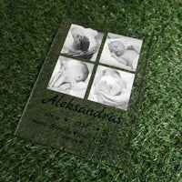 Personalizuota Vaiko (Kūdikio) Gimimo Metrikų Iliustracija su jūsų nuotraukomis, stiklinis posteris TeeInBlue