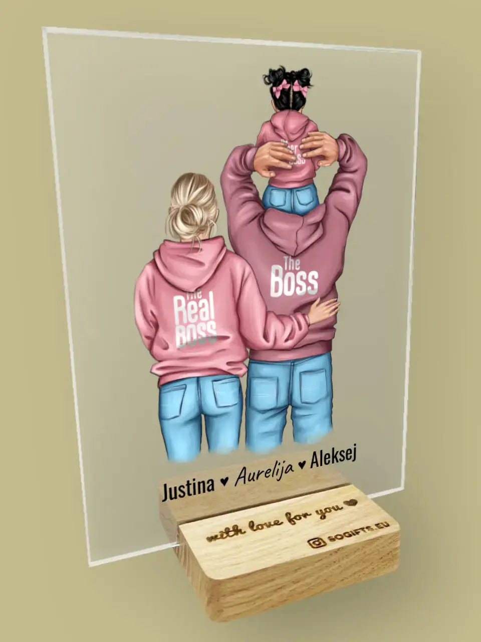 Personalizuotas "Tikra boso šeima" stiklinis posteris, iliustracijos sukurimas su vaiku TeeInBlue