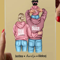 Personalizuotas "Tikra boso šeima" stiklinis posteris, iliustracijos sukurimas su vaiku TeeInBlue