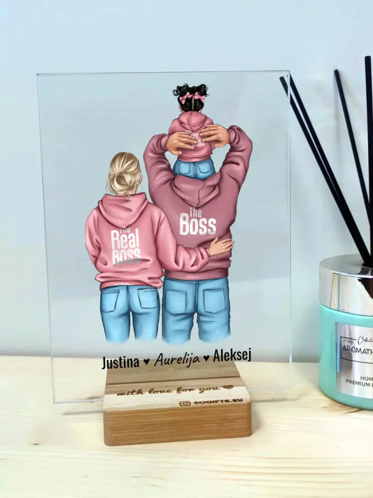 Personalizuotas "Tikra boso šeima" stiklinis posteris, iliustracijos sukurimas su vaiku TeeInBlue