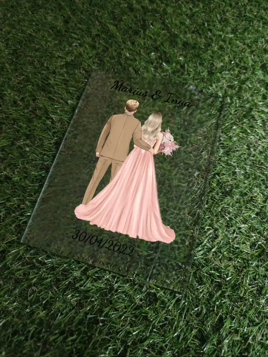 Personalizuotas jaunikio ir nuotakos vestuvių stiklinis posteris su jūsų data ir vardais TeeInBlue