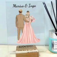 Personalizuotas jaunikio ir nuotakos vestuvių stiklinis posteris su jūsų data ir vardais TeeInBlue