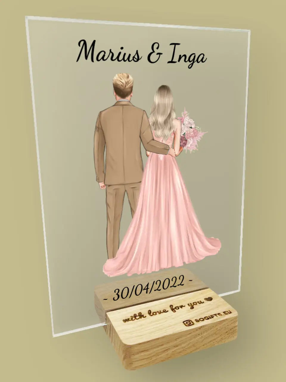 Personalizuotas jaunikio ir nuotakos vestuvių stiklinis posteris su jūsų data ir vardais