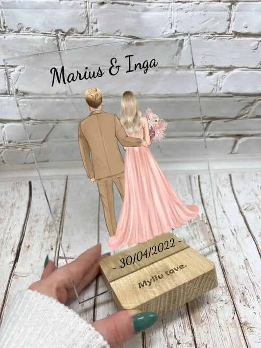 Personalizuotas jaunikio ir nuotakos vestuvių stiklinis posteris su jūsų data ir vardais TeeInBlue