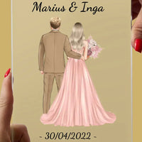 Personalizuotas jaunikio ir nuotakos vestuvių stiklinis posteris su jūsų data ir vardais TeeInBlue