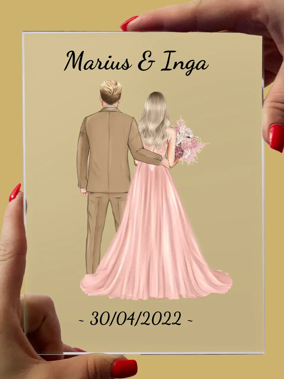Personalizuotas jaunikio ir nuotakos vestuvių stiklinis posteris su jūsų data ir vardais