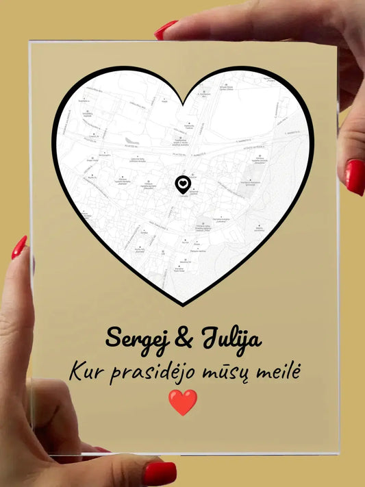 Personalizuotas Meilės žemėlapio stiklinis posteris su jūsų įsimintina vieta TeeInBlue