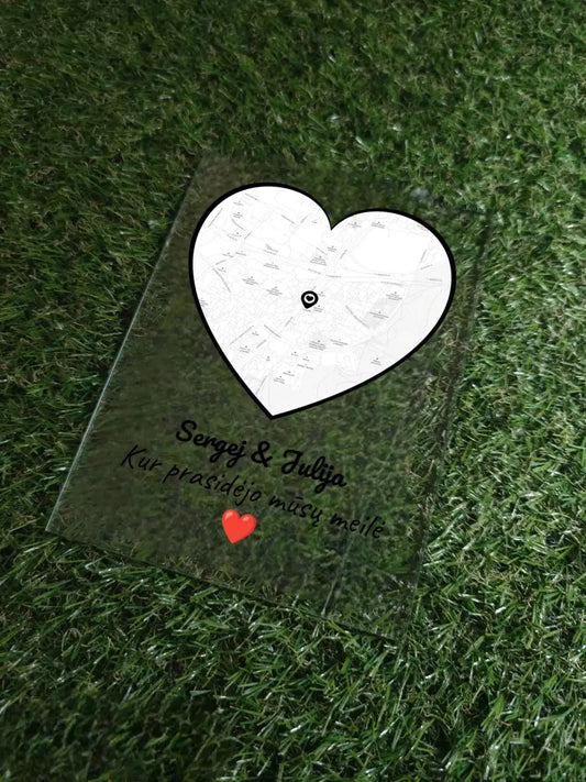 Personalizuotas Meilės žemėlapio stiklinis posteris su jūsų įsimintina vieta TeeInBlue