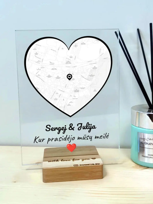 Personalizuotas Meilės žemėlapio stiklinis posteris su jūsų įsimintina vieta TeeInBlue