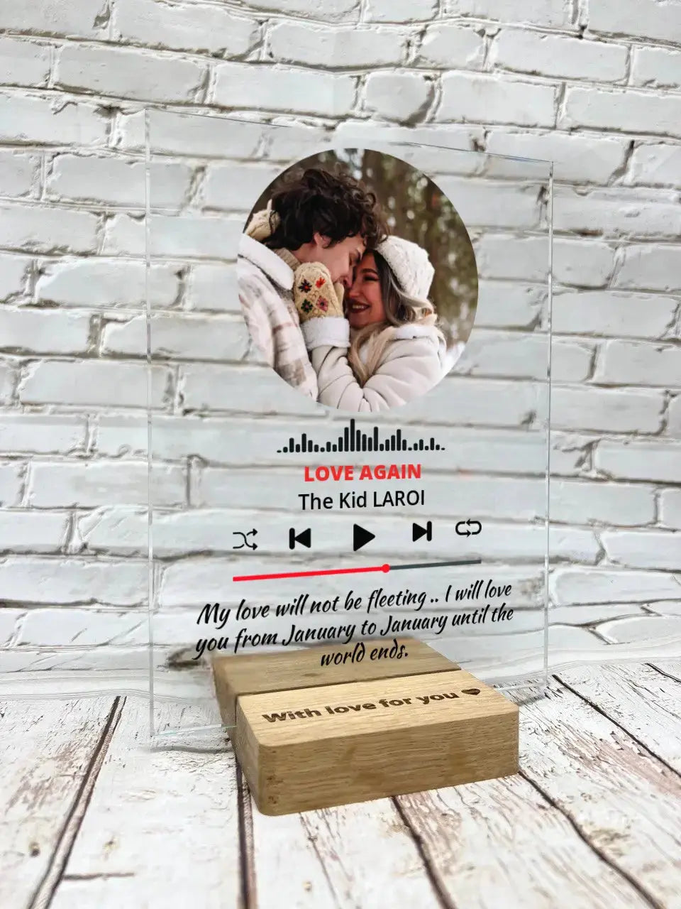 Personalizuotas muzikos grotuvo stiklinis posteris su jūsų nuotrauka ir tekstu TeeInBlue