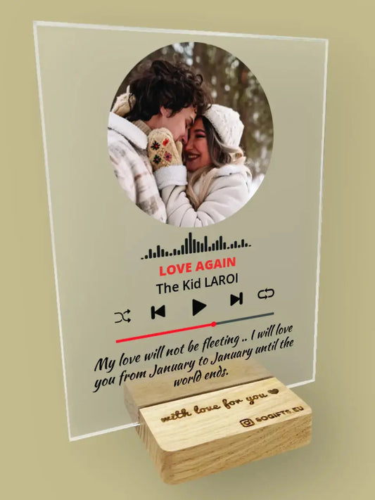 Personalizuotas muzikos grotuvo stiklinis posteris su jūsų nuotrauka ir tekstu TeeInBlue