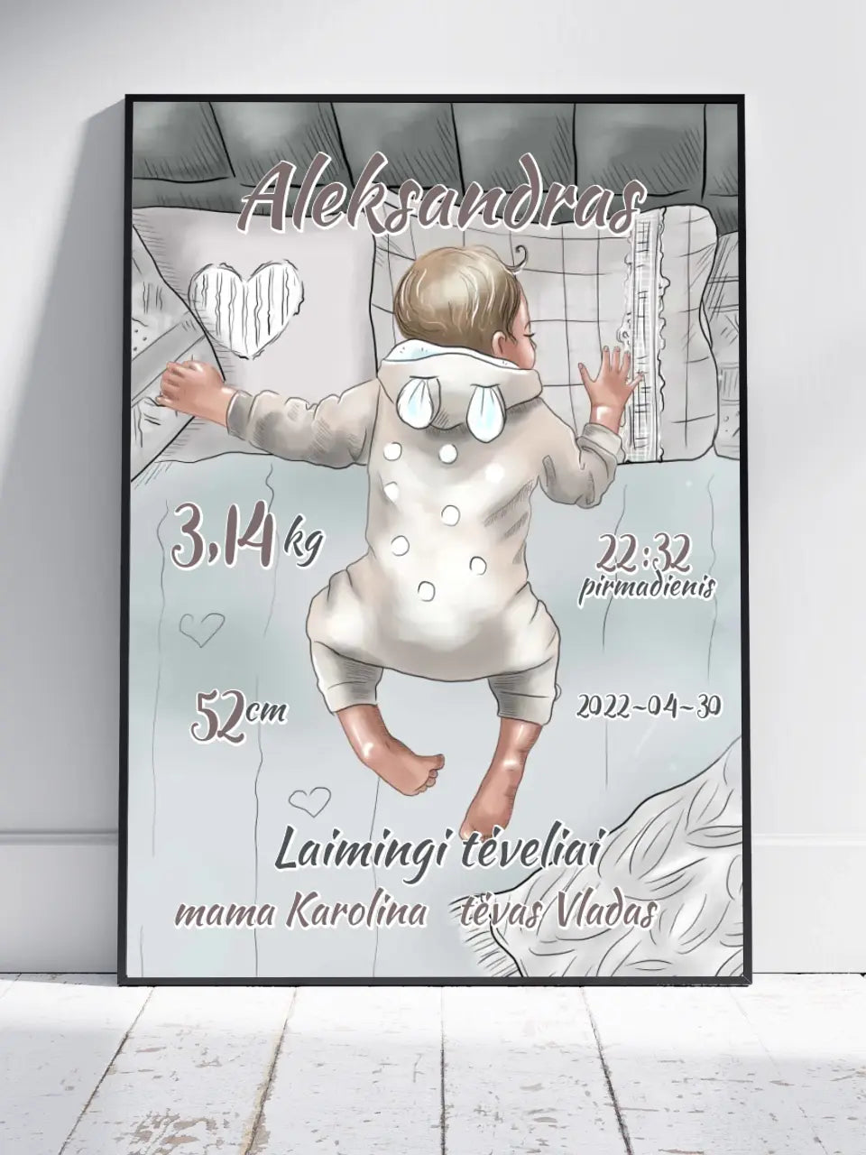 Personalizuota Vaiko Gimimo Metrikų Iliustracija, Mergaitės ir Berniuko gimimo metrika, plakatas su rėmeliu