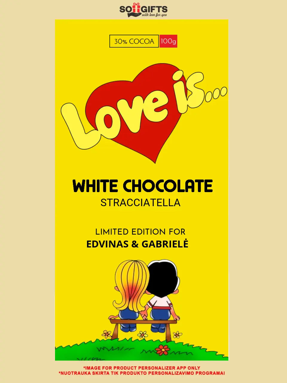 Personalizuotas "Love is Yellow" šokoladas su jūsų nuotrauka