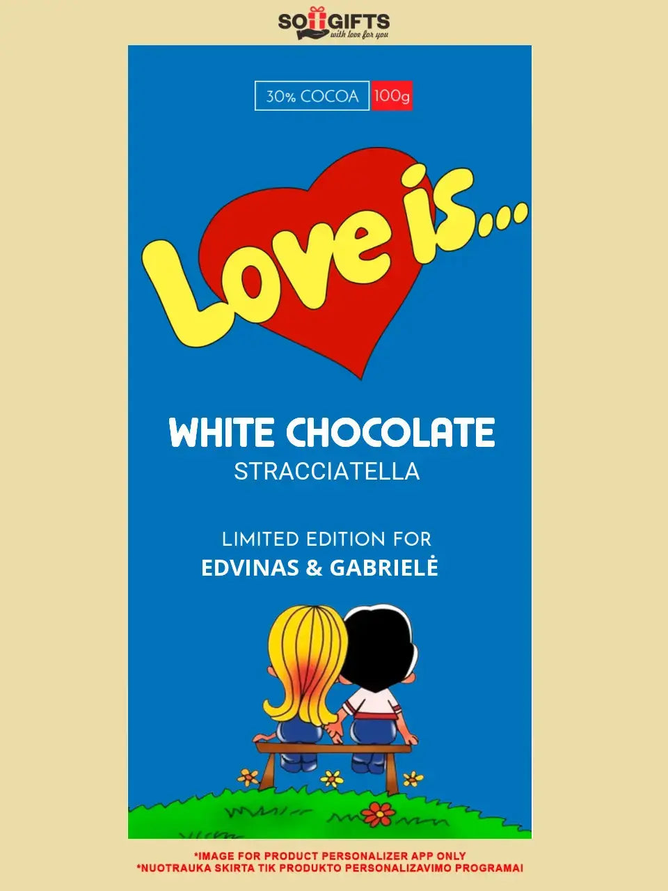 Personalizuotas "Love is Blue" šokoladas su jūsų nuotrauka  Šokoladas -  dovanokis.lt