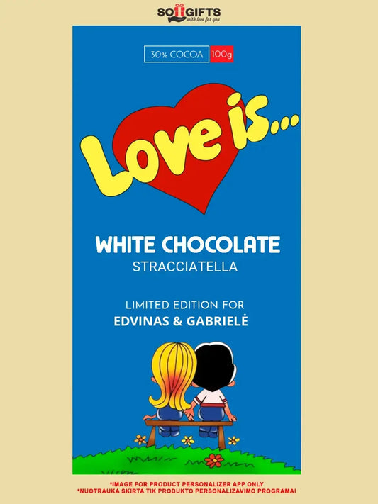 Personalizuotas "Love is Blue" šokoladas su jūsų nuotrauka  Šokoladas -  dovanokis.lt