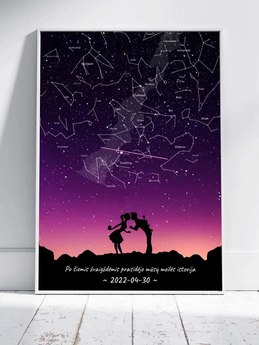 Personalizuotas viso spektro žvaigždžių žemėlapis, plakatas su rėmeliu, su Meilės istorijos pasirinktu siluetu  Poster -  dovanokis.lt