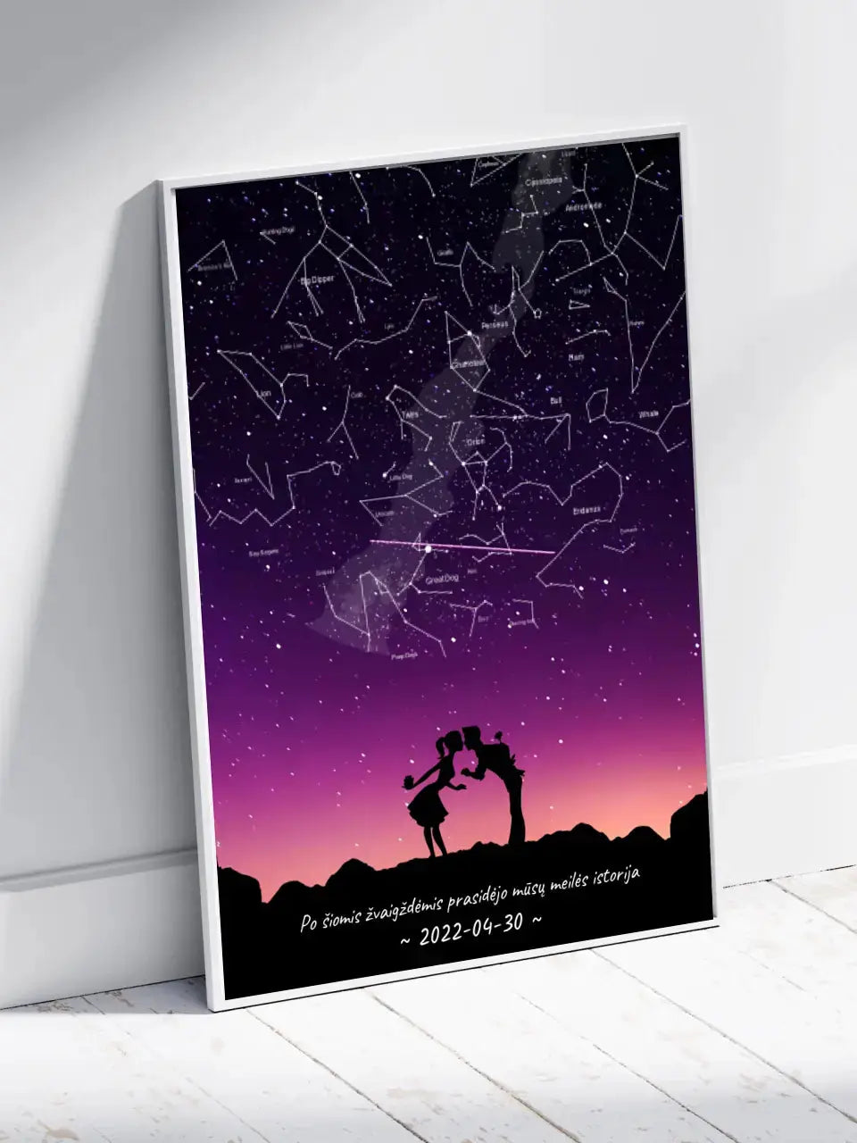 Personalizuotas viso spektro žvaigždžių žemėlapis, plakatas su rėmeliu, su Meilės istorijos pasirinktu siluetu  Poster -  dovanokis.lt