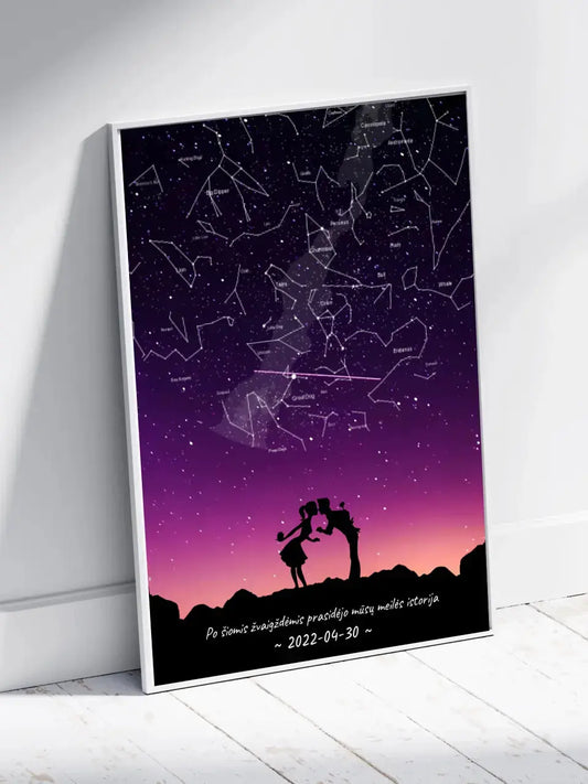 Personalizuotas viso spektro žvaigždžių žemėlapis, plakatas su rėmeliu, su Meilės istorijos pasirinktu siluetu  Poster -  dovanokis.lt