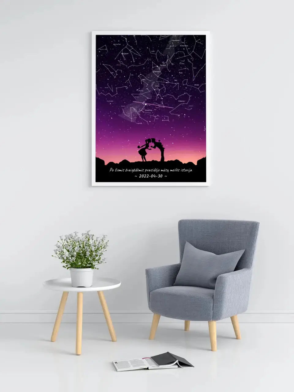 Personalizuotas viso spektro žvaigždžių žemėlapis, plakatas su rėmeliu, su Meilės istorijos pasirinktu siluetu  Poster -  dovanokis.lt