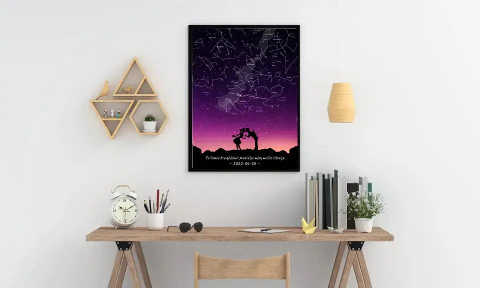Personalizuotas viso spektro žvaigždžių žemėlapis, plakatas su rėmeliu, su Meilės istorijos pasirinktu siluetu  Poster -  dovanokis.lt