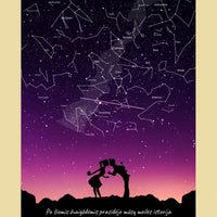 Personalizuotas viso spektro žvaigždžių žemėlapis, plakatas su rėmeliu, su Meilės istorijos pasirinktu siluetu  Poster -  dovanokis.lt