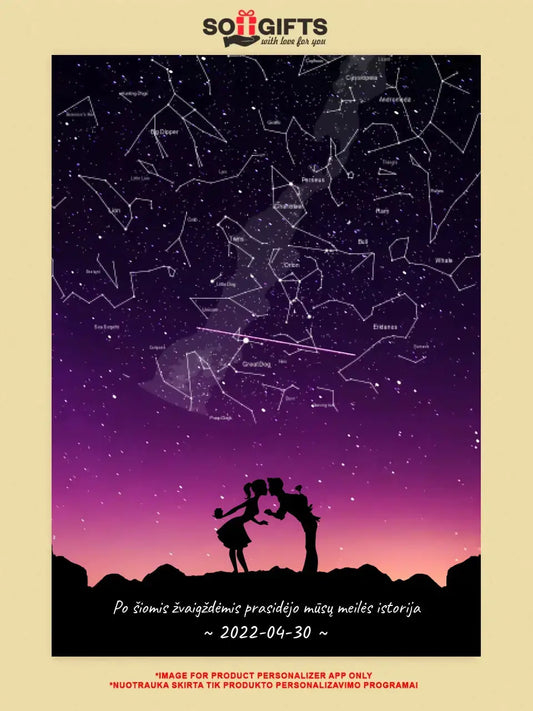 Personalizuotas viso spektro žvaigždžių žemėlapis, plakatas su rėmeliu, su Meilės istorijos pasirinktu siluetu  Poster -  dovanokis.lt