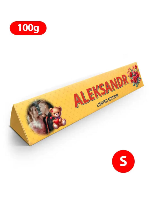 Personalizuotas "Toblerone S" šokoladas su jūsų vardu, nuotrauka ir žinutė valentino dienos proga, romantišku meškiuku pasirinkimas TeeInBlue