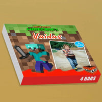 Personalizuota Kinder 4 batonėlių šokoladinė dėžutė su jūsų nuotrauka ir vardu minecraft tematikos vaikams TeeInBlue