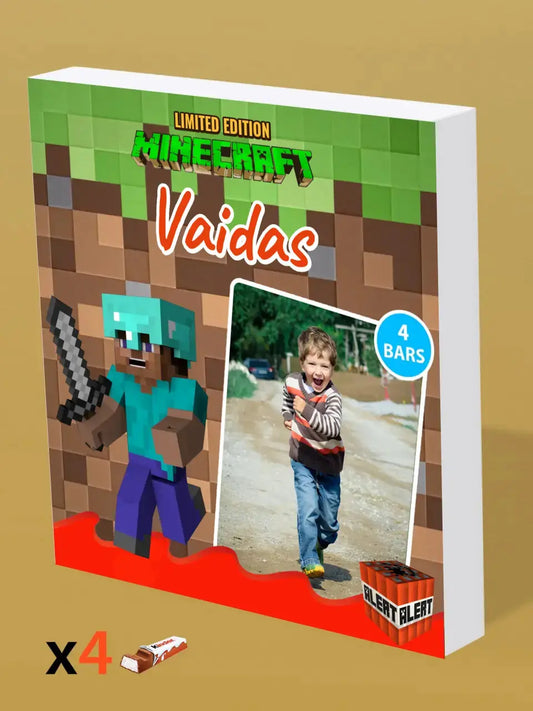 Personalizuota Kinder 4 batonėlių šokoladinė dėžutė su jūsų nuotrauka ir vardu minecraft tematikos vaikams TeeInBlue