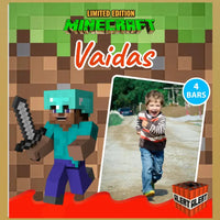 Personalizuota Kinder 4 batonėlių šokoladinė dėžutė su jūsų nuotrauka ir vardu minecraft tematikos vaikams TeeInBlue