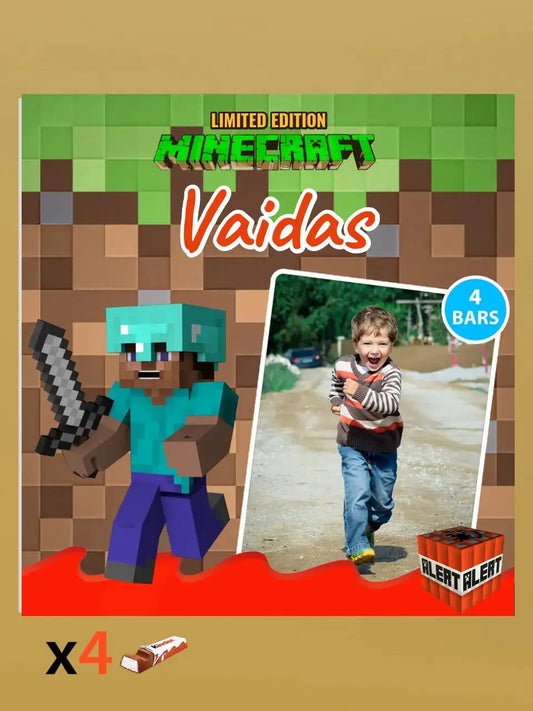 Personalizuota Kinder 4 batonėlių šokoladinė dėžutė su jūsų nuotrauka ir vardu minecraft tematikos vaikams TeeInBlue