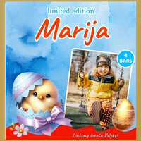 Personalizuota Kinder 4 batonėlių šokoladinė dėžutė su jūsų nuotrauka, vardu ir velykiniais kiaušiniais TeeInBlue