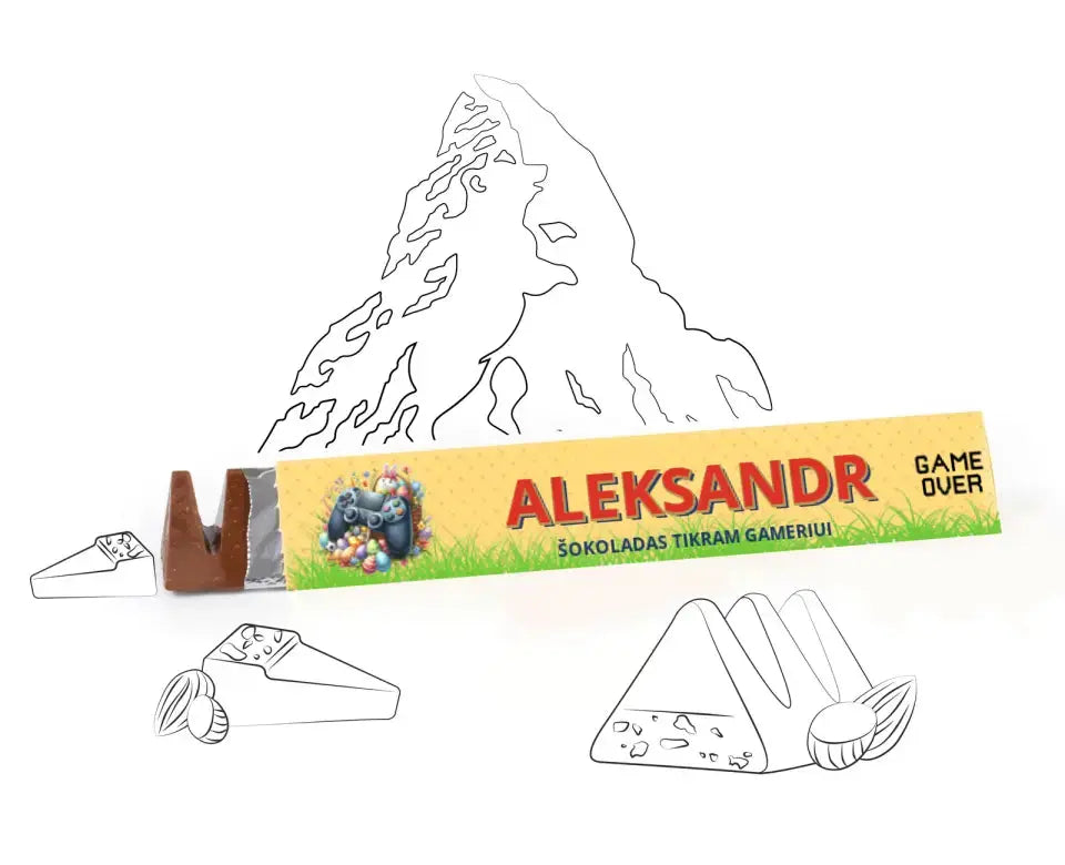 Personalizuotas "Toblerone S" šokoladas su jūsų vardu ir žinutė, tikram gameriui velykų proga TeeInBlue