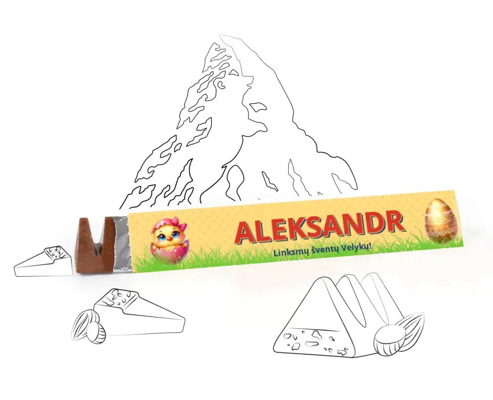 Personalizuotas "Toblerone S" šokoladas su jūsų vardu ir žinutė su velykiniais kiaušiniais ir gyvūnais TeeInBlue