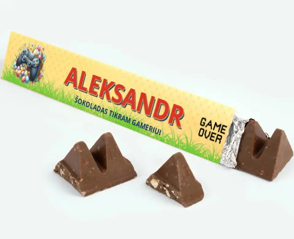 Personalizuotas "Toblerone S" šokoladas su jūsų vardu ir žinutė, tikram gameriui velykų proga TeeInBlue