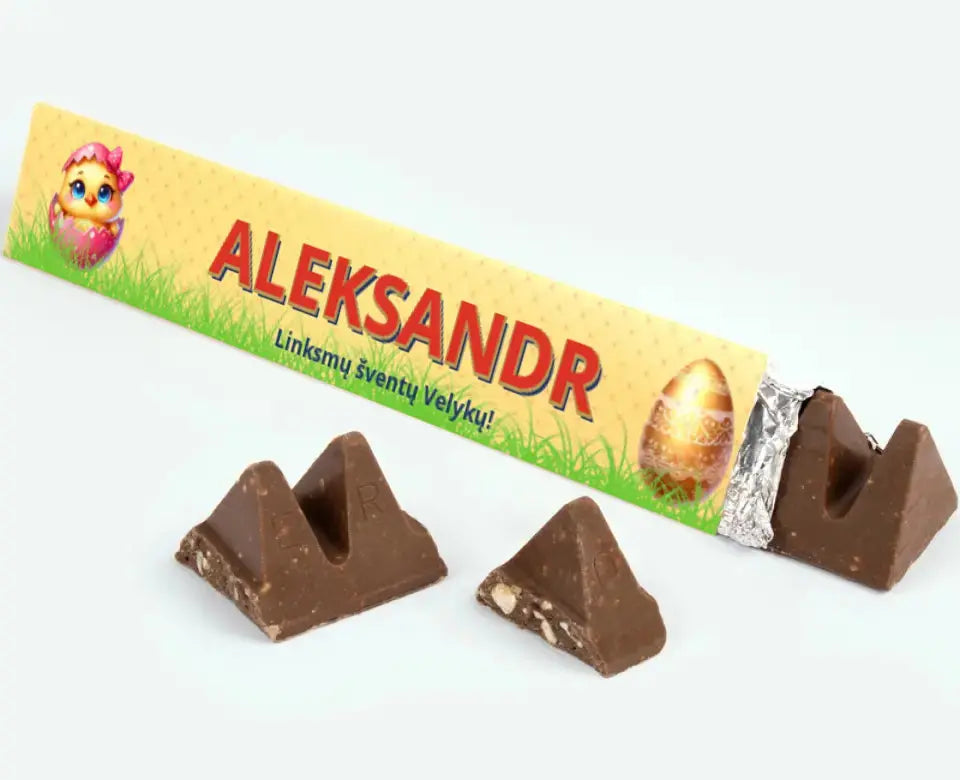 Personalizuotas "Toblerone S" šokoladas su jūsų vardu ir žinutė su velykiniais kiaušiniais ir gyvūnais TeeInBlue