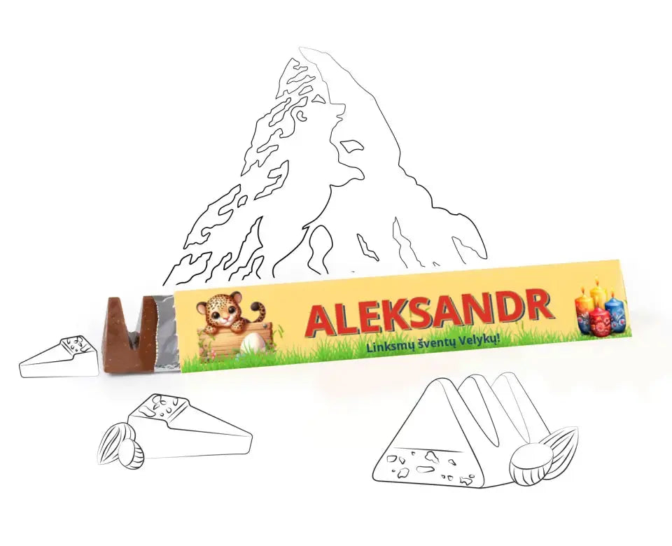 Personalizuotas "Toblerone S" šokoladas su jūsų vardu ir žinutė su velykų gyvūnais TeeInBlue