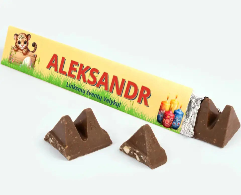 Personalizuotas "Toblerone S" šokoladas su jūsų vardu ir žinutė su velykų gyvūnais TeeInBlue