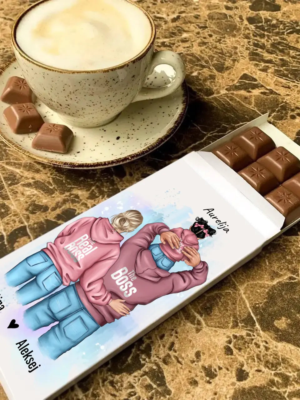 Personalizuotas "Tikra boso šeima" šokoladas, iliustracijos sukurimas su vaiku