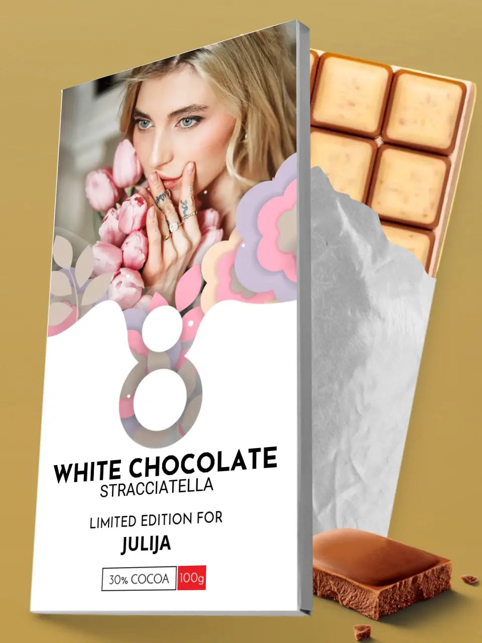 Personalizuotas "Moterų dienos dizainas 1" šokoladas su jūsų nuotrauka